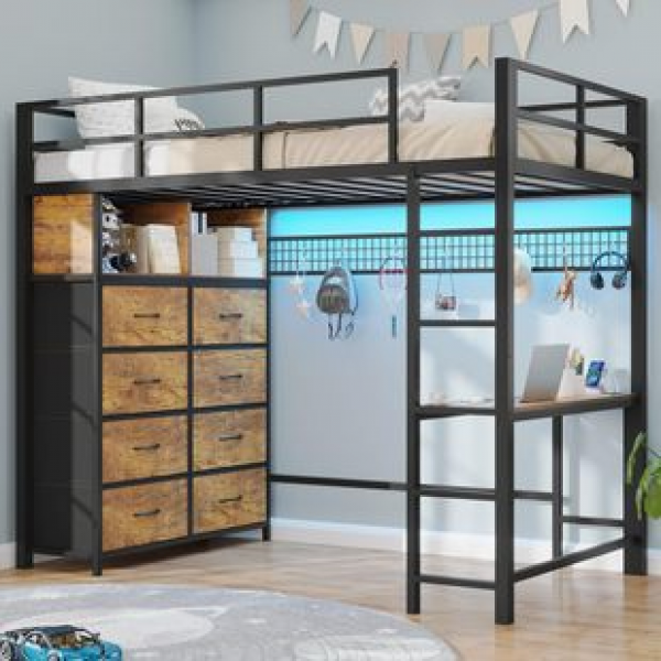 Cross border metal loft bed with LED lights and charging station, double loft bed with desk and 8 storage drawers