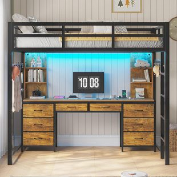 Cross border manufacturer direct sales popular LED light charging metal loft bed desk+8 storage drawers loft bed