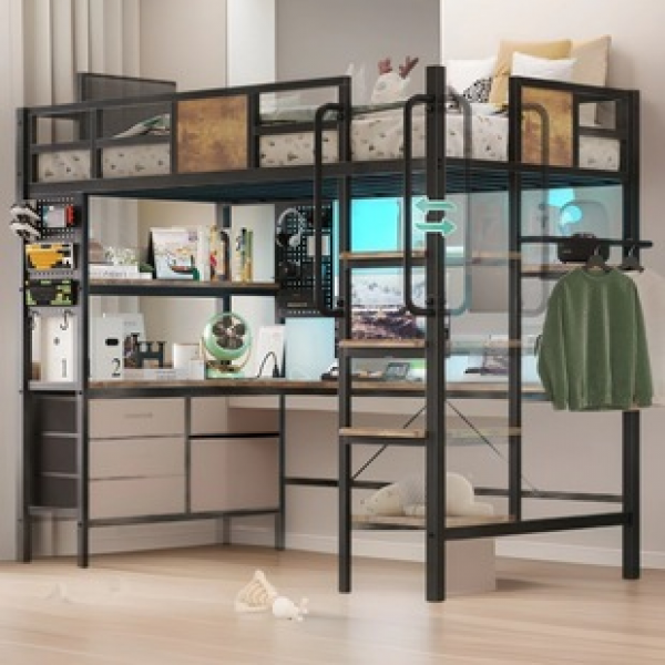 Cross border direct sales storage cabinet desk LED lights and charging station 5 drawers attic metal double bed L-shaped desk