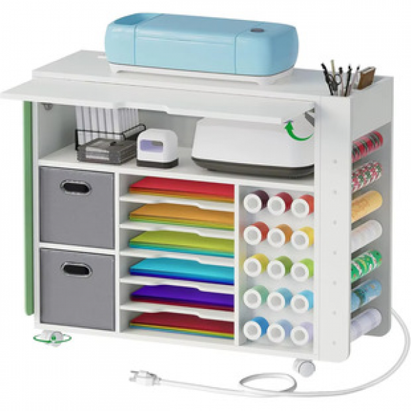 Simple and modern sewing table with two drawers, wheel shelves, and hooks, living room cabinet, folding sewing table