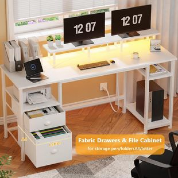 Featuring LED lights, power sockets, file cabinet drawers, and dual monitor stands, this simple and modern white office desk is trendy