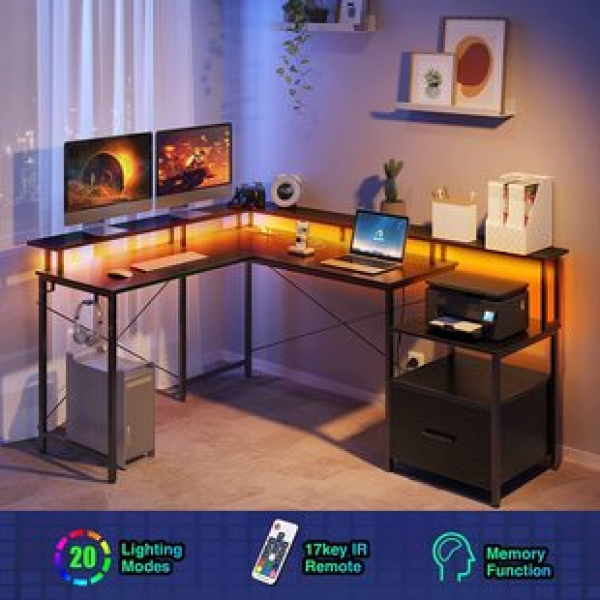 Computer corner desk LED light strip file drawer with power socket L-shaped computer desk with printer cabinet display
