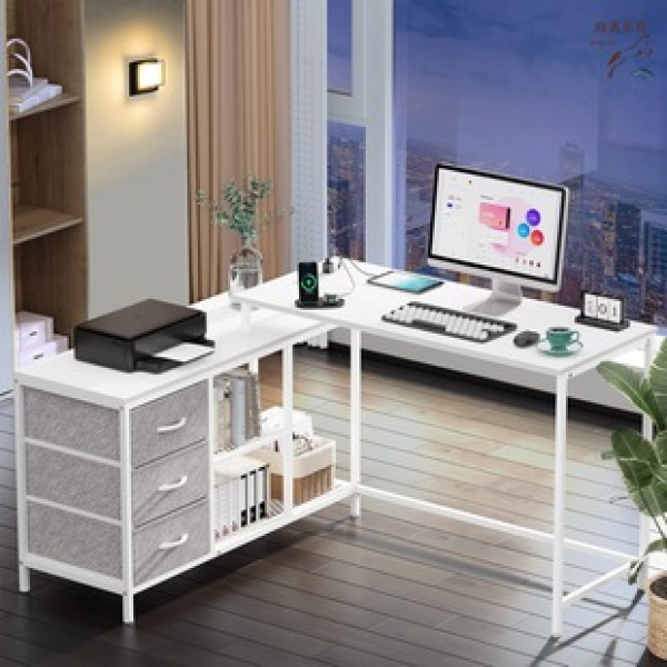 Cross border modern minimalist office desk L-shaped computer desk with USB and power socket non-woven drawer steel frame trendy