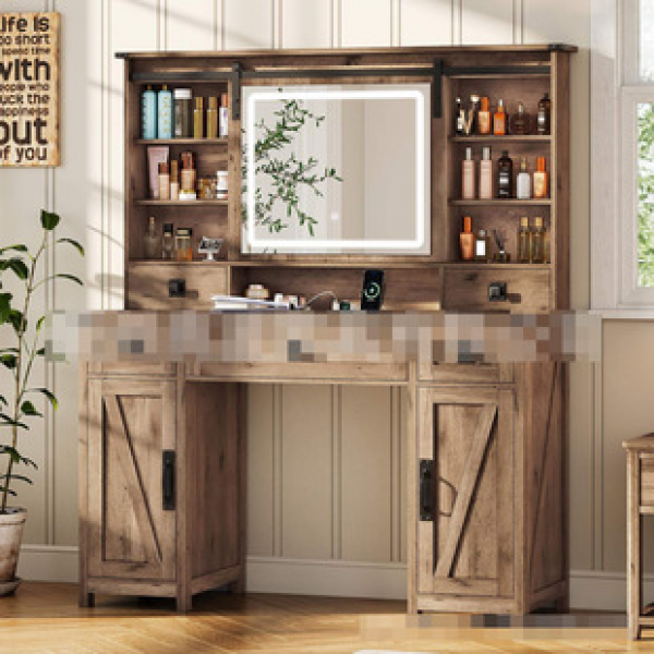 Cross border Amazon Cross border Tri color Light with Stool Row Insertion Frame Craftsmanship Makeup Desk Dressing Table with Sliding Mirror Trendy