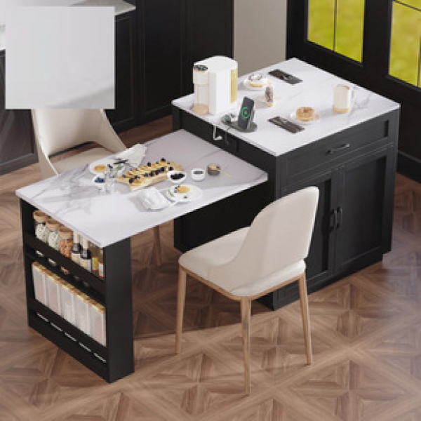 Small household unit with open kitchen, bar counter, partition cabinet, modern and simple design, rotatable and extendable island table, integrated dining table