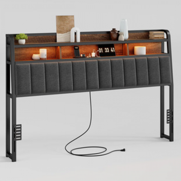 Height adjustable headboard with ergonomic design, 2-layer storage, socket, USB interface, soft cushion, headboard, moisture resistant