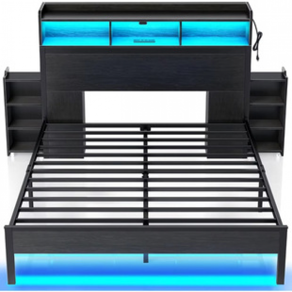 Equipped with storage space, induction light, master bedroom bed, factory cross-border hot selling American industrial wind steel wood structure double bed