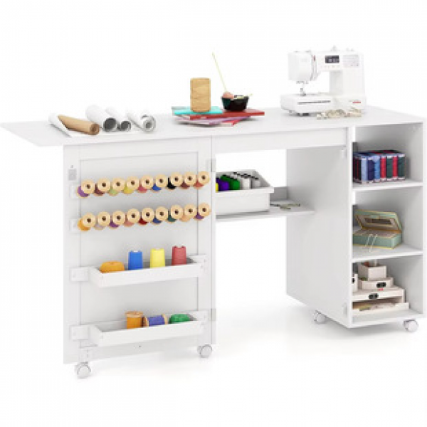 Lockable wheel storage rack, 2 storage boxes, 18 nail folding sewing table, portable multi-purpose sewing cabinet station
