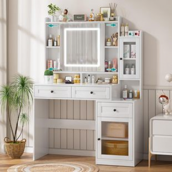 Foreign trade cross-border Amazon adjustable mirror cabinet, bedroom with lights, makeup table, dressing table, panel furniture manufacturer direct sales