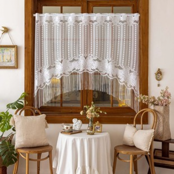 1pc white floral long tassel short curtain kitchen cabinet curtain pole window curtain home decoration small curtain short curtain