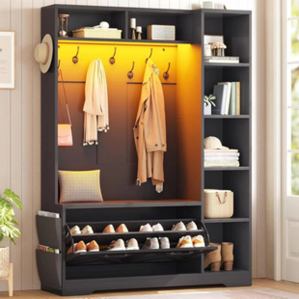 Cross border antique style solid wood bucket cabinet, coat rack, integrated bedroom, household floor hanging bag storage rack, open wardrobe