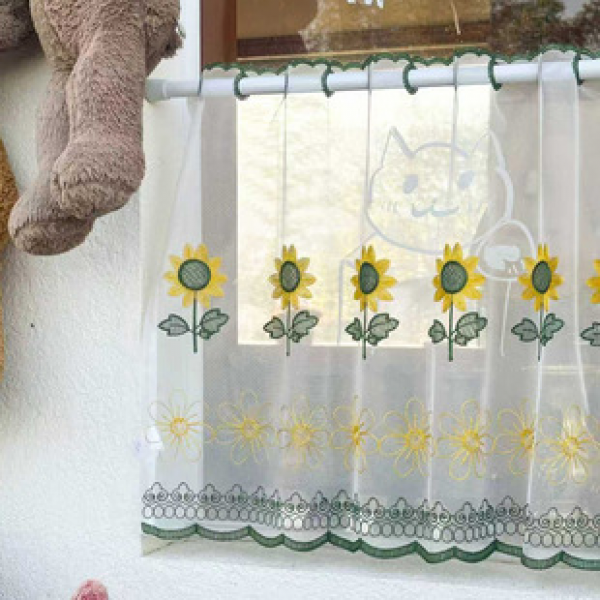 1pc Colorful Sunflower Wave Short Curtain Kitchen Cabinet Curtains Through Rod Window Curtains Home Decoration Small Curtains Short Curtain