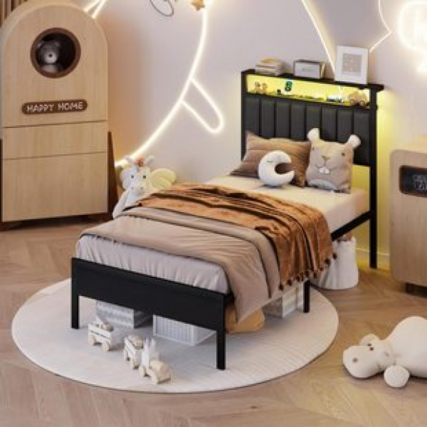 Cross border iron bed with metal Flat noodles, grey upholstered headboard single bed bed frame with charging station and LED light