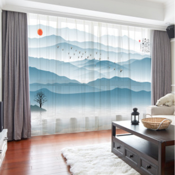 New Chinese style curtains, ink landscape paintings, living rooms, offices, bedrooms, study rooms, bay windows, floor to ceiling semi blackout curtains
