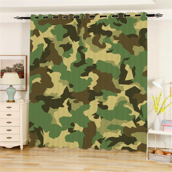 Fashionable camouflage bedroom bay window, floor to ceiling non perforated blackout curtain, digital printed men's green