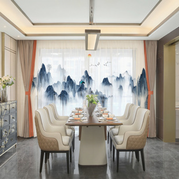 New Chinese style window screen office living room balcony study screen curtain landscape painting Zen Chinese style curtains Zen style