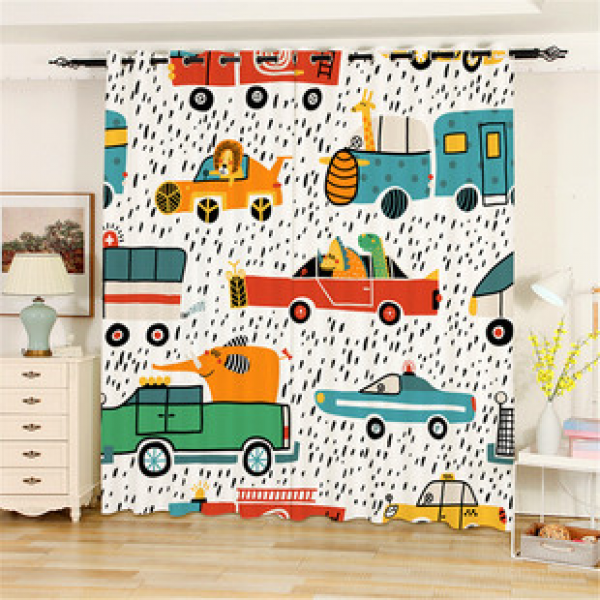 Cute and playful living room, bedroom bay window, floor to ceiling non perforated blackout curtain, digital printed cotton linen pink blue car