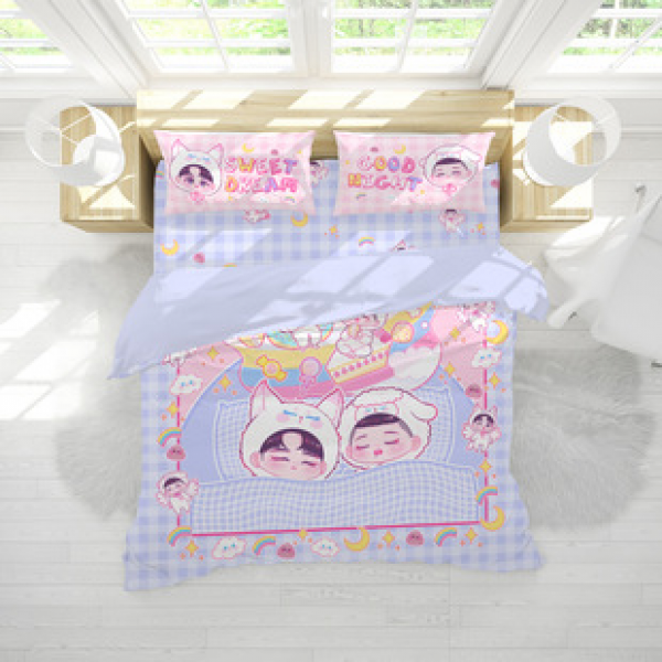 Xinyoumeng hand drawn artwork personalized cross-border domestic sales 150g frosted cloth bedding set of three or four pieces