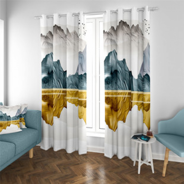 Bedroom bay window, floor to ceiling, no punching, blackout curtains, digital printing, Chinese style, landscape, Chinese classical