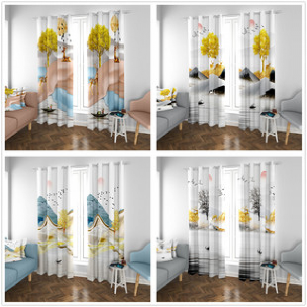 Hot selling bay windows in Europe and America, floor to ceiling non perforated blackout curtains, digital printing, Chinese style homestay hotels