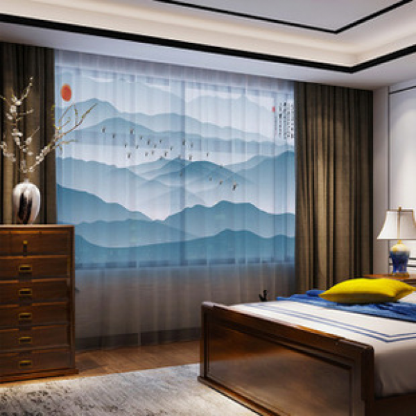 New Chinese style curtains with ink landscape paintings for living rooms, offices, bedrooms, bay windows, floor to ceiling semi blackout curtains