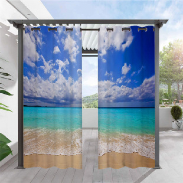 Outdoor cross-border hot selling 3D digital printed sea view series blackout windows with personalized designs, made now with lightweight curtains