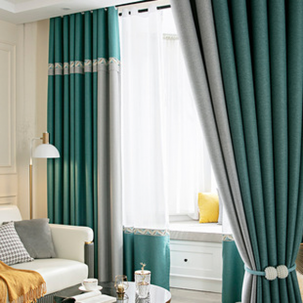 Diamond linen full blackout curtains with left and right splicing for insulation, living room, bedroom, solid color splicing, cotton linen finished fabric curtains