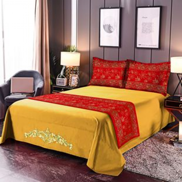 Classical Chinese Red Chinese New Year Series Red Chinese Wedding Bed Flag Bedding Set Digital Printed Bed Tail Towel