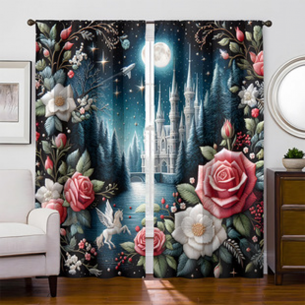 2pcs New Castle Rose Pattern Cross border Manufacturer Supply Living Room Bedroom Digital Printing High Precision Curtains
