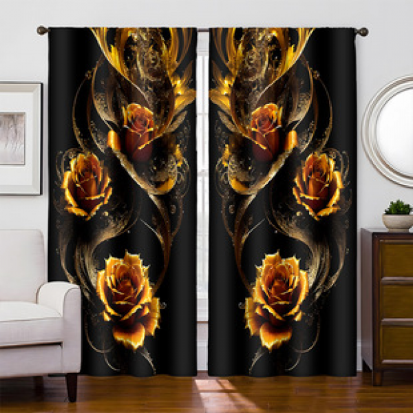 2pcs New Black Gold Flower Pattern Cross border Manufacturer Supply Living Room Bedroom Digital Printing High Precision Curtains