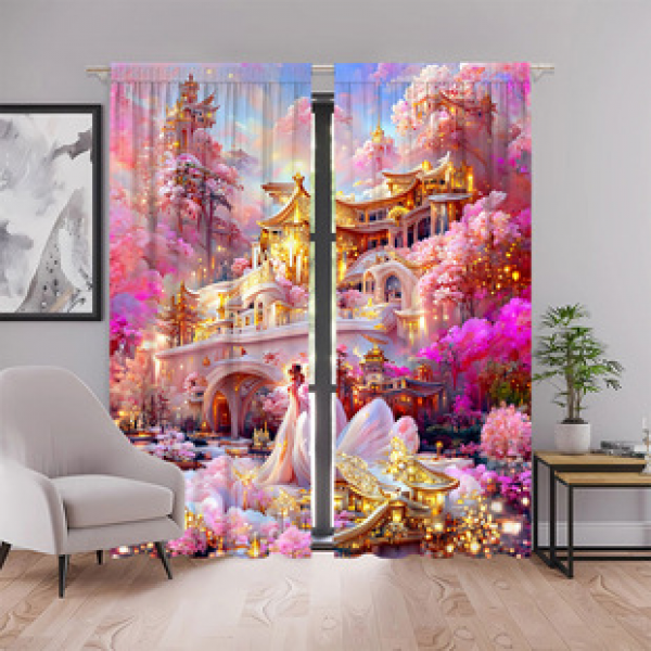 Top selling manufacturer sells 2pcs of new gold palace luxury home decoration curtains with 3D digital printing and split pole windows