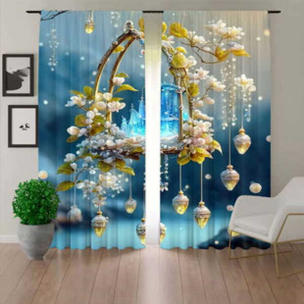 2pcs new crystal wind chimes, fashionable home decoration curtains, visually fresh 3D digital printing, double-sided decorative pole windows