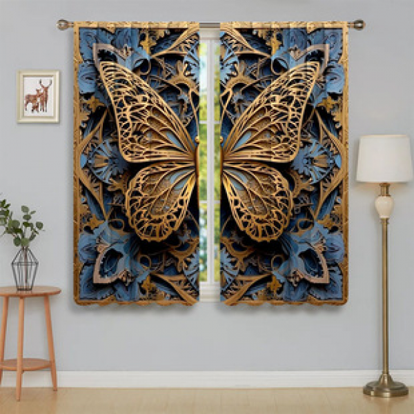 2pcs new cross-border manufacturer direct sales gold luxury butterfly series home decoration curtains 3D digital printing
