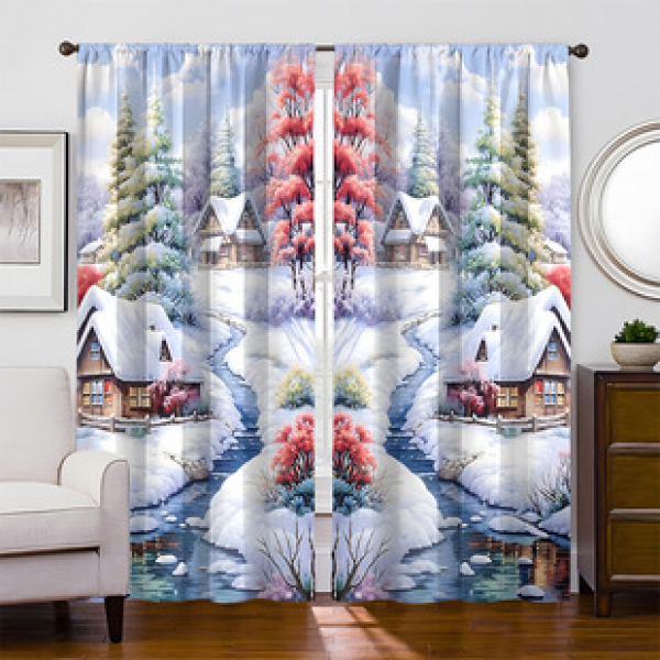2pcs indoor 3D digital printed split curtain manufacturer direct sales cross-border outdoor winter scenery creek fabric curtain window