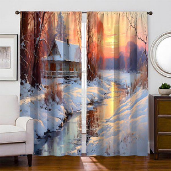 2pcs indoor 3D digital printed split curtain manufacturer direct sales cross-border outdoor dusk scenery fabric curtain window