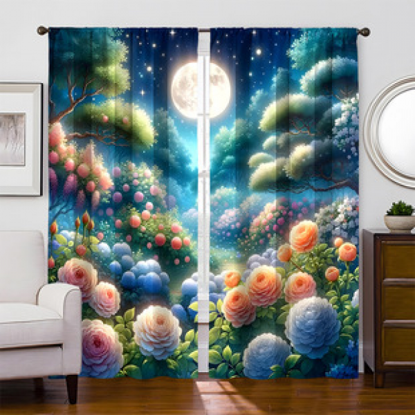 2pcs Manufacturer Supply Cross border Platform Flower Front Moon Series Pattern Home Decoration Curtains 3D Digital Printing Fabric Windows