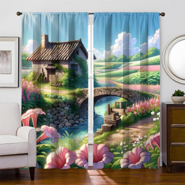 2pcs indoor 3D digital printed split curtain manufacturer direct sales cross-border outdoor small bridge flowing fabric curtain window