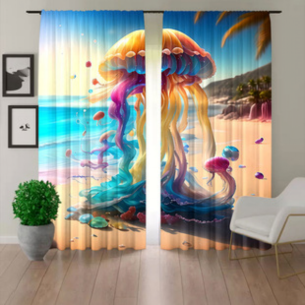 2pcs factory direct sales colorful jellyfish curtains cross-border direct supply 3D digital printed fabric curtains