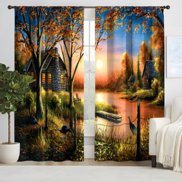 Factory direct sales of landscape oil painting series 3D digital printed curtains 2pcs fabric curtains and window screens