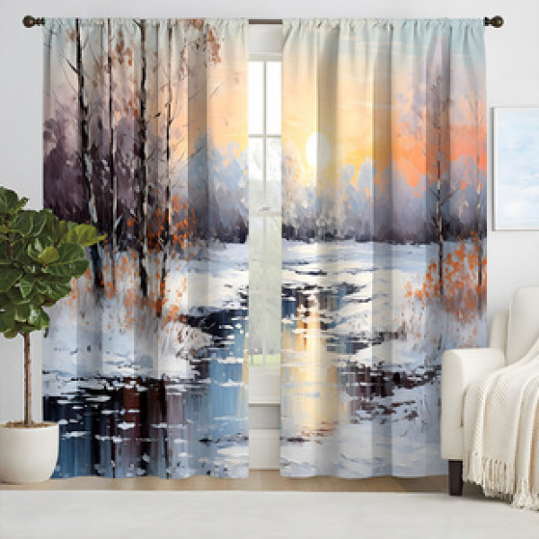 Manufacturer direct sales of new 3D digital printed curtains Snow Forest series 2pcs fabric curtains and window screens