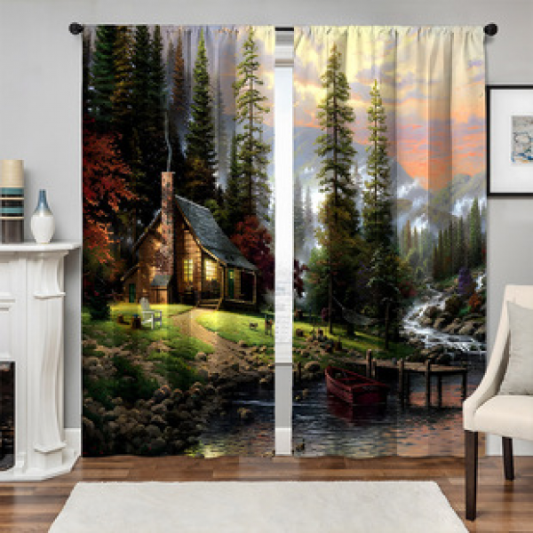 Manufacturer direct sales 3D digital printing landscape oil painting curtains 2pcs fabric curtains and window screens