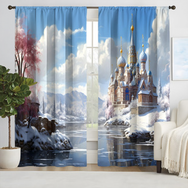 Manufacturer direct sales of 3D digital printed curtains, Snow Forest Castle series 2pcs fabric curtains and window screens