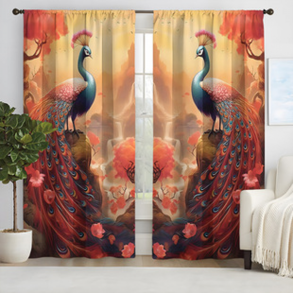 Manufacturer direct sales 3D digital printing cross-border curtains symmetrical peacock 2pcs fabric curtains and window screens