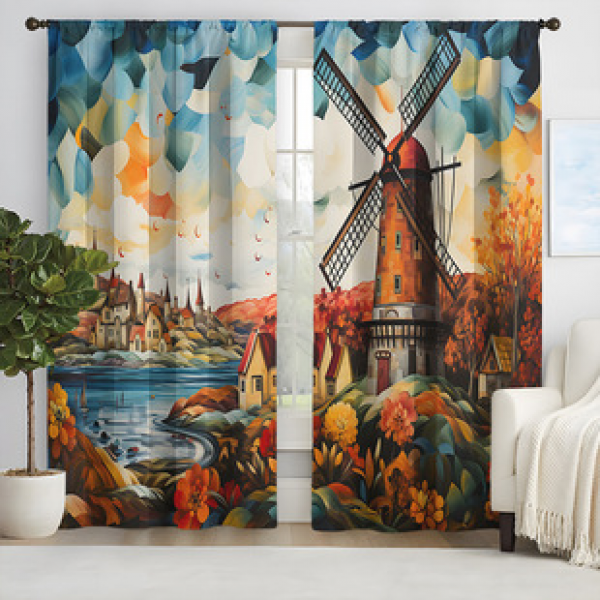 2pcs New Colorful Windmill Pattern Curtain Cross border Manufacturer Supply Living Room Bedroom 3D Digital Printing High Precision