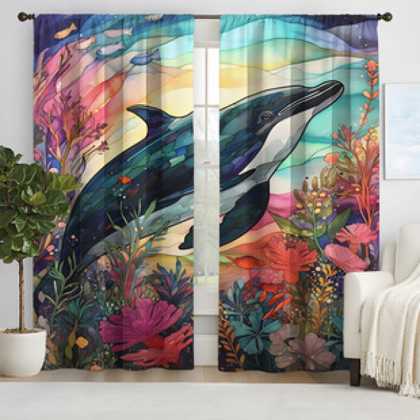 2pcs New Watercolor Whale Curtains Cross border Manufacturer Supply 3D Digital Printed High Precision Curtains for Living Room and Bedroom