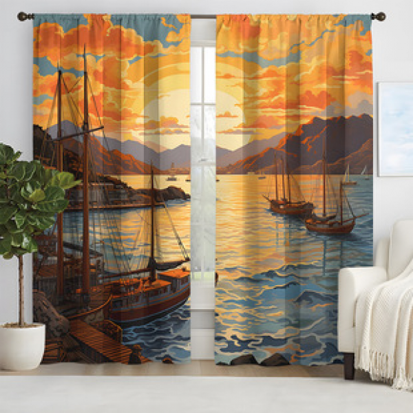 2pcs new fishing village dock pattern curtains cross-border manufacturer supplies 3D digital printed curtains for living rooms and bedrooms