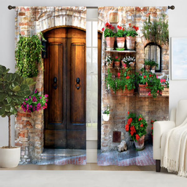2pcs New Street View Small Door Pattern Curtains Cross border Manufacturer Supply Living Room Bedroom 3D Digital Printing High Precision