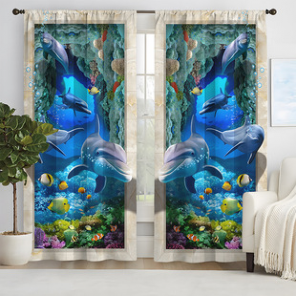 2pcs New Dolphin Pattern Curtains Cross border Manufacturer Supply 3D Digital Printed High Precision Curtains for Living Room and Bedroom