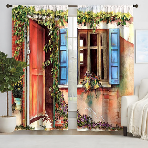 2pcs new antique door patterned curtains supplied by cross-border manufacturers for living rooms, bedrooms, 3D digital printing, high-precision