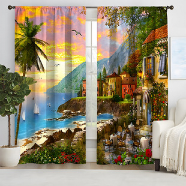 2pcs New Oil Painting Landscape Pattern Curtains Cross border Manufacturer Supply Living Room Bedroom 3D Digital Printing High Precision